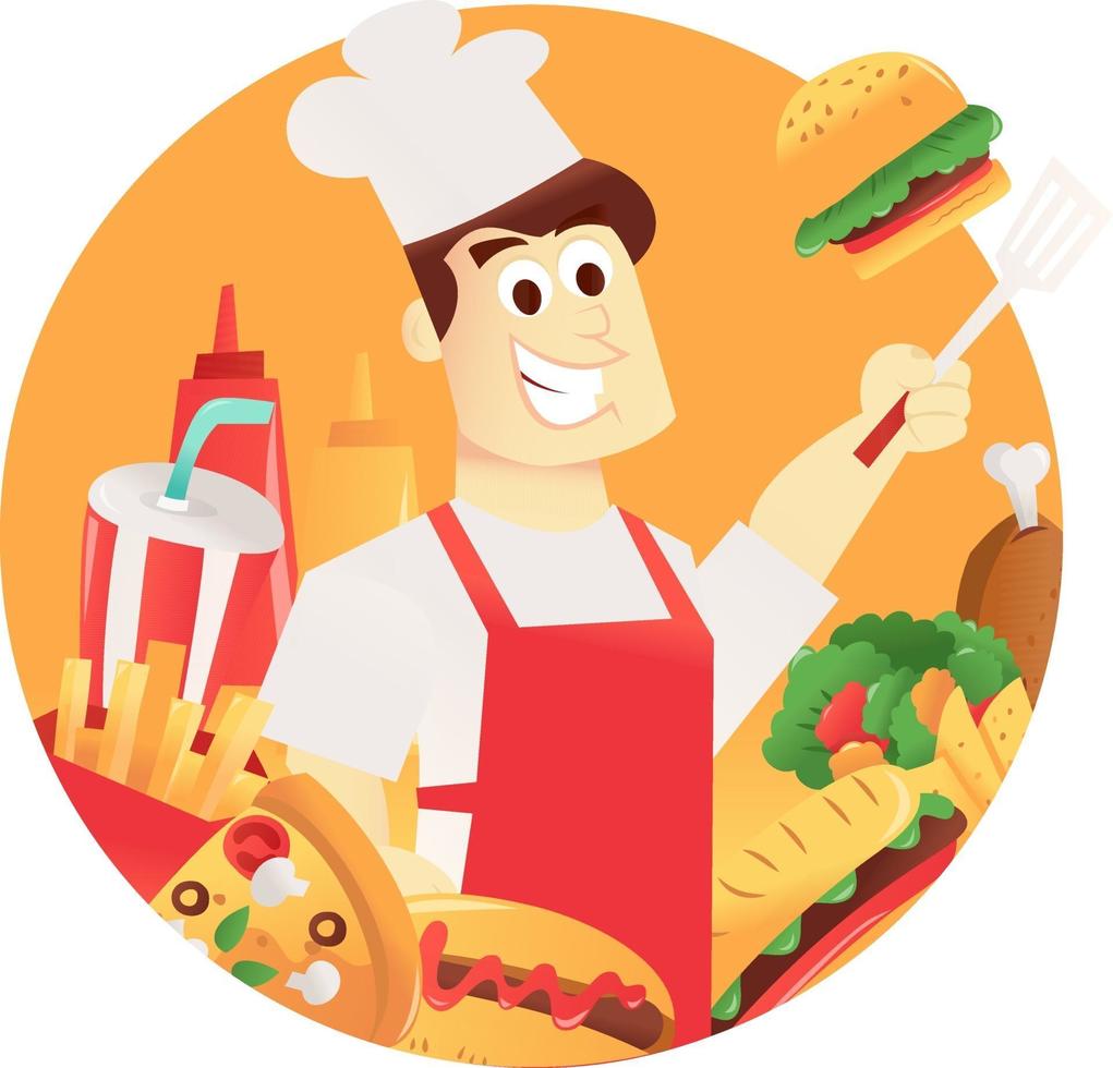 Cartoon Chef Fast Food Round Frame vector