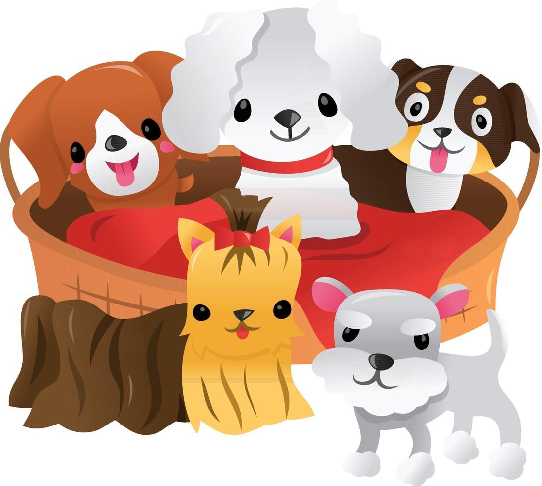 dibujos animados de cinco cachorros alrededor de la cama del animal doméstico vector