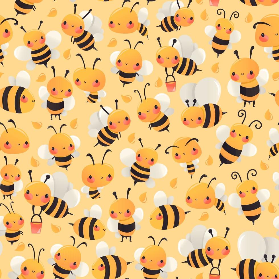 super lindo, caricatura, ocupado, abejas, seamless, patrón, plano de fondo vector