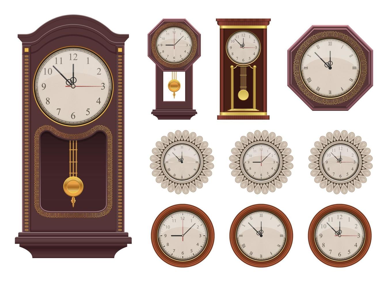 Conjunto de ilustración de diseño de vector de reloj de pared vintage aislado sobre fondo blanco