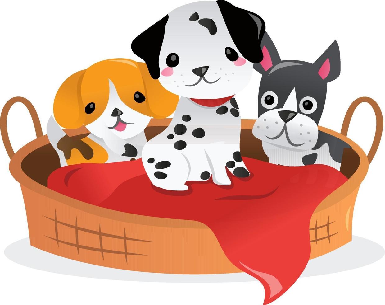 Cartoon Three Puppies Around Pet Bed vector