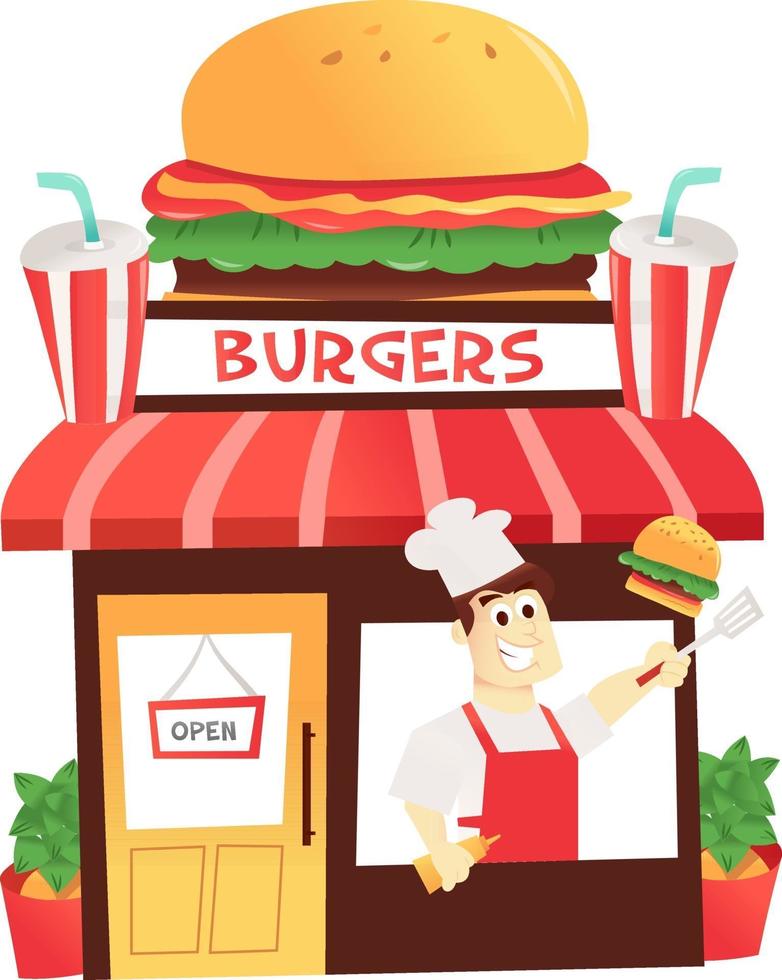 Cartoon Burger Shop With Chef At the Window vector