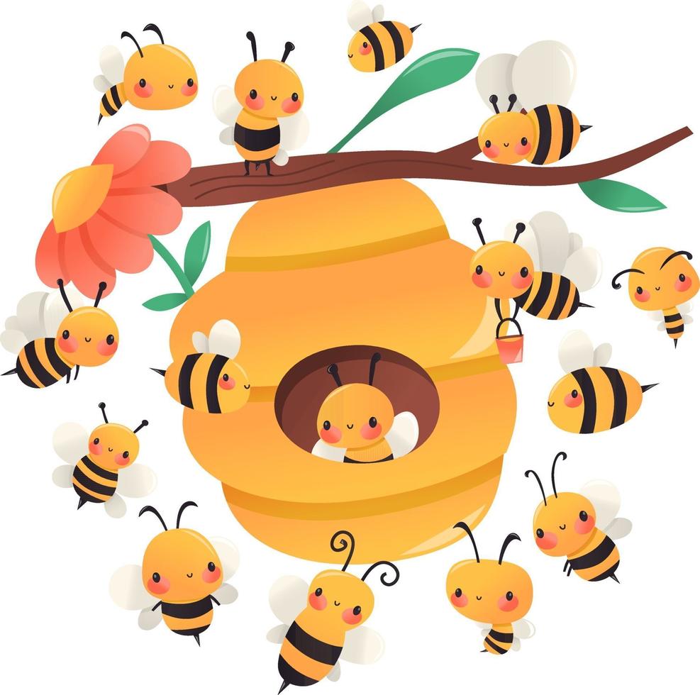 abejas de dibujos animados super lindos alrededor de la colmena 2004429  Vector en Vecteezy
