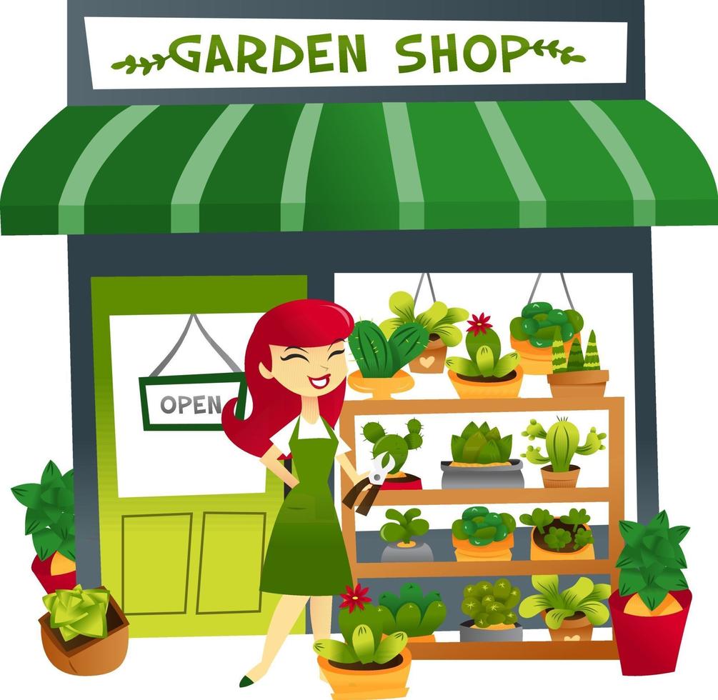 Cartoon Garden Shop With Storekeeper vector