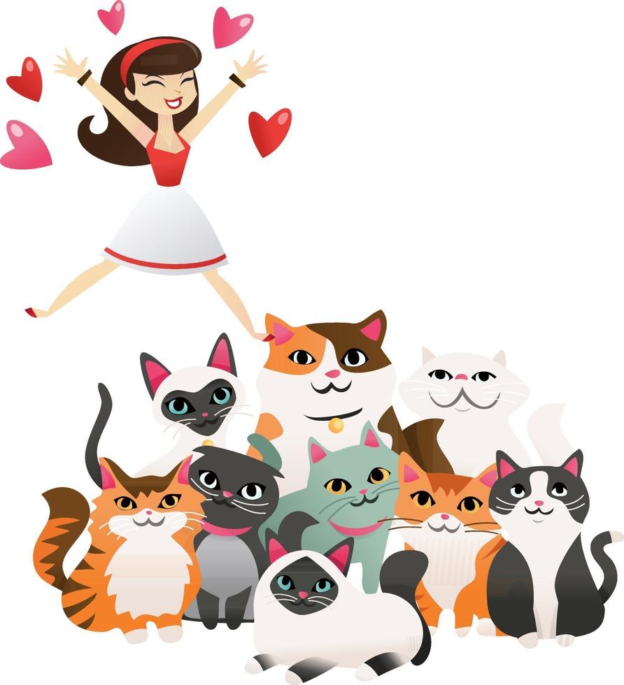 mujer de dibujos animados saltando a un grupo de lindos gatitos vector