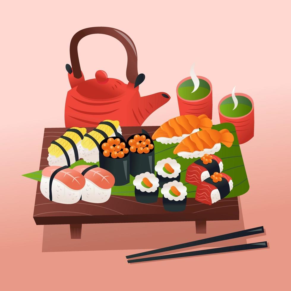 plato de sushi y té caliente vector