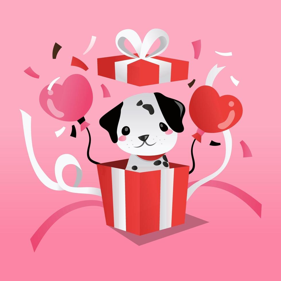 Cartoon Dalmatian Puppy In Surprise Gift Box vector