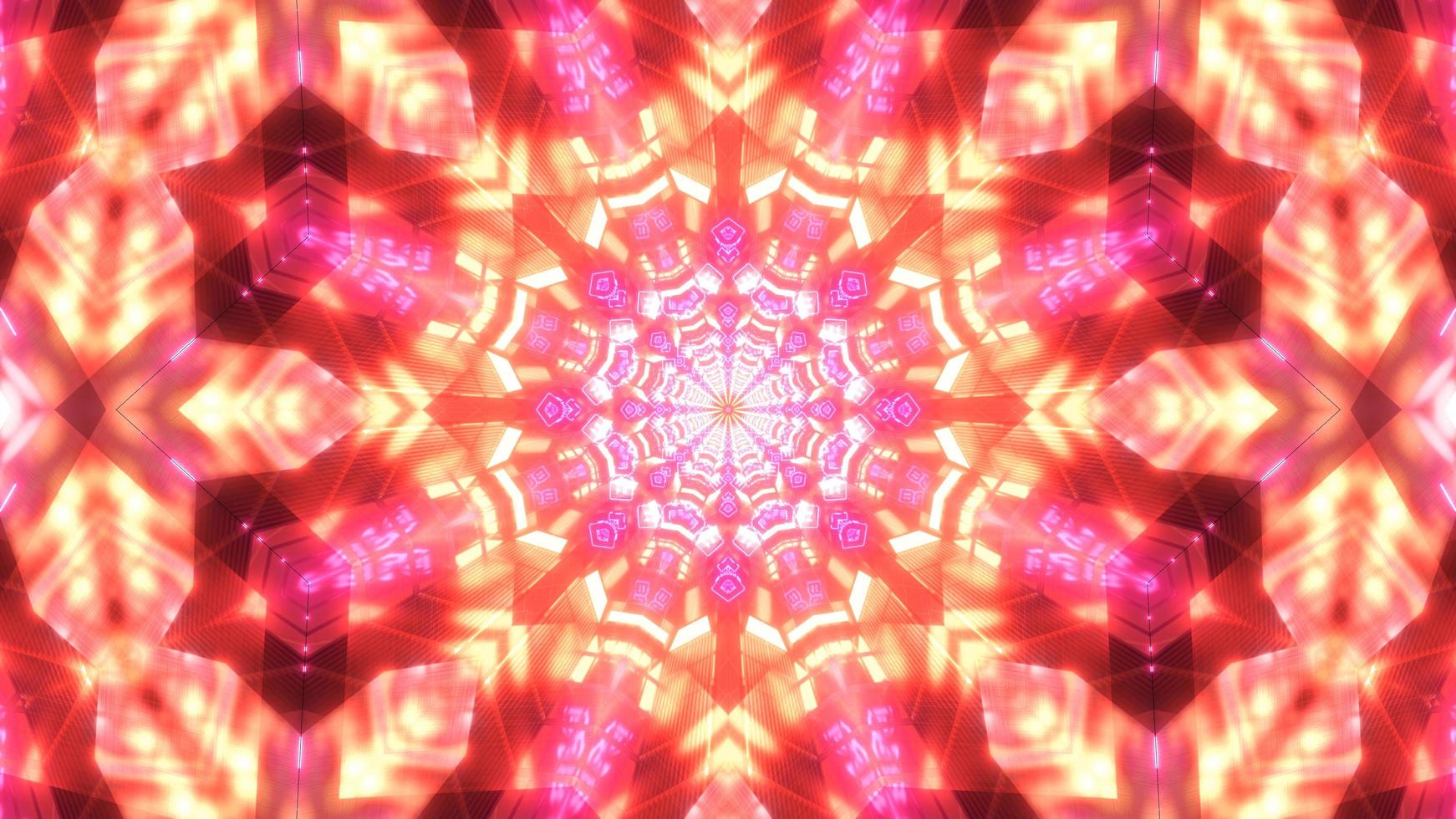 Red, pink, orange, and white lights and shapes in 3D kaleidoscope design illustration for background or wallpaper photo