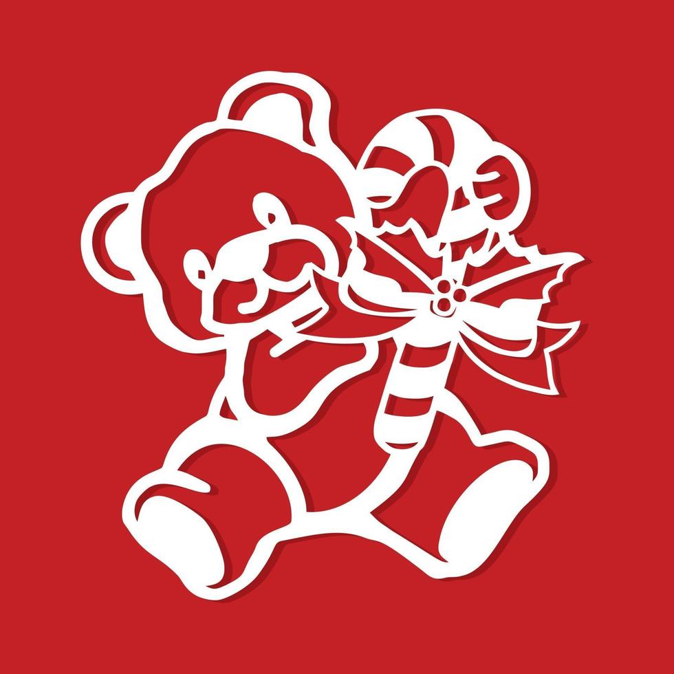 Vintage Christmas Teddy Bear Candy Cane Paper Cut vector