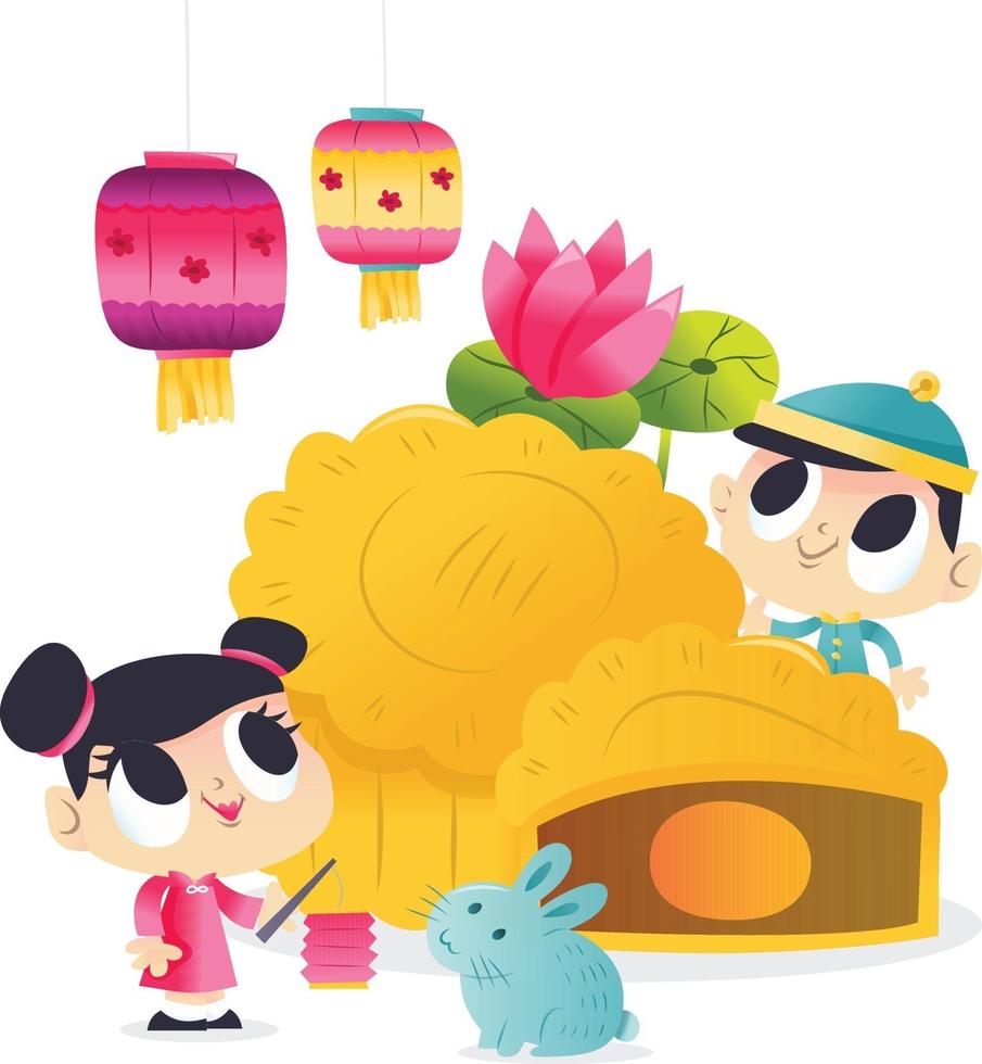 festival de medio otoño super lindo mooncake niños linterna vector