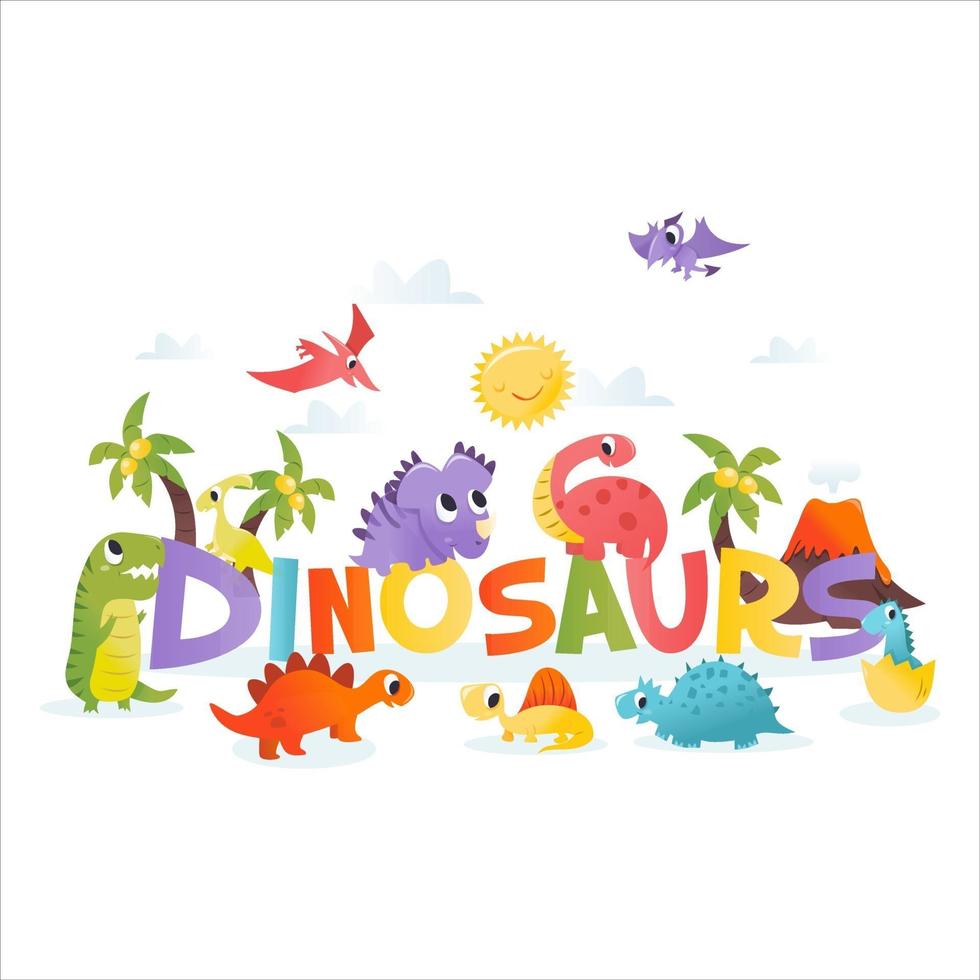 escena de palabra de dinosaurios de dibujos animados super lindo vector