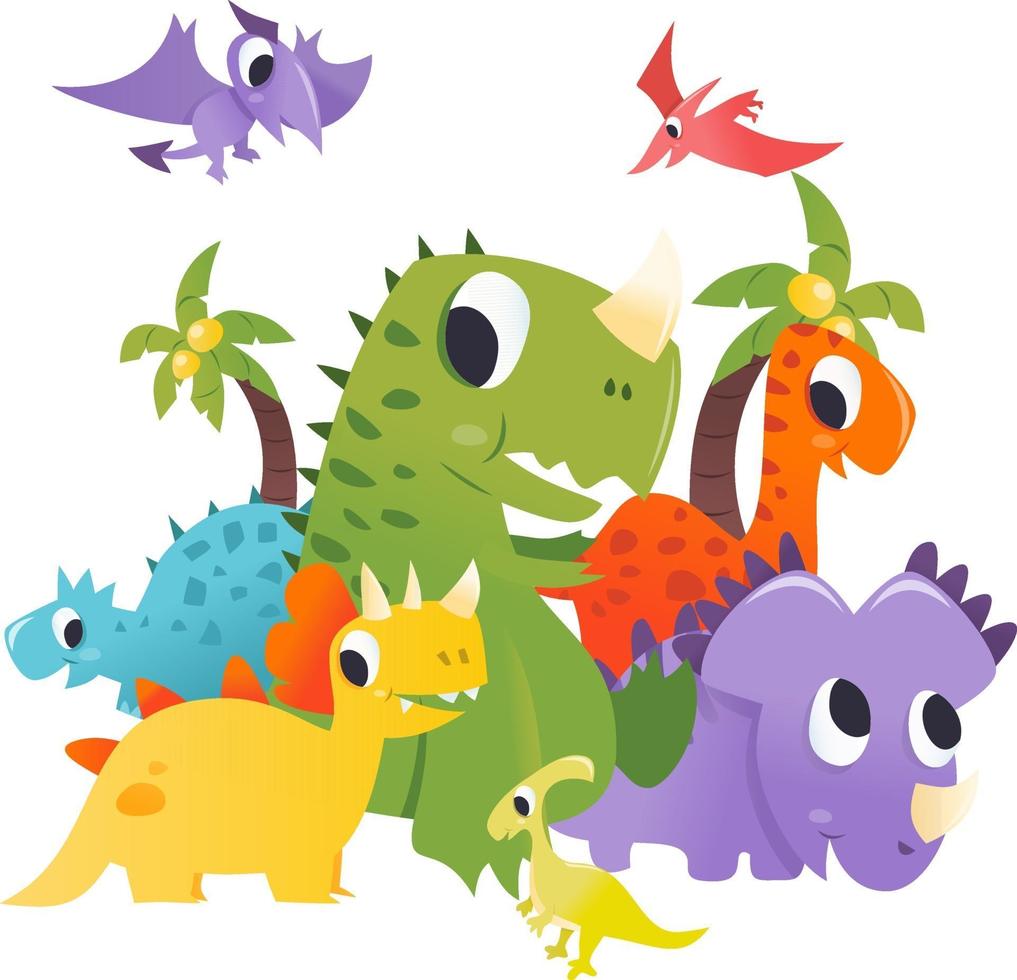 grupo de dinosaurios de dibujos animados super lindo escena prehistórica vector