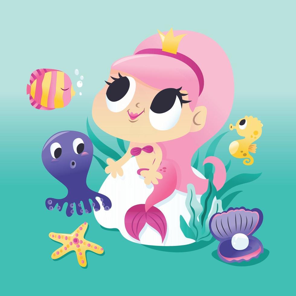 Super Cute Mermaid Sitting Underwater With Sea Creatures vector