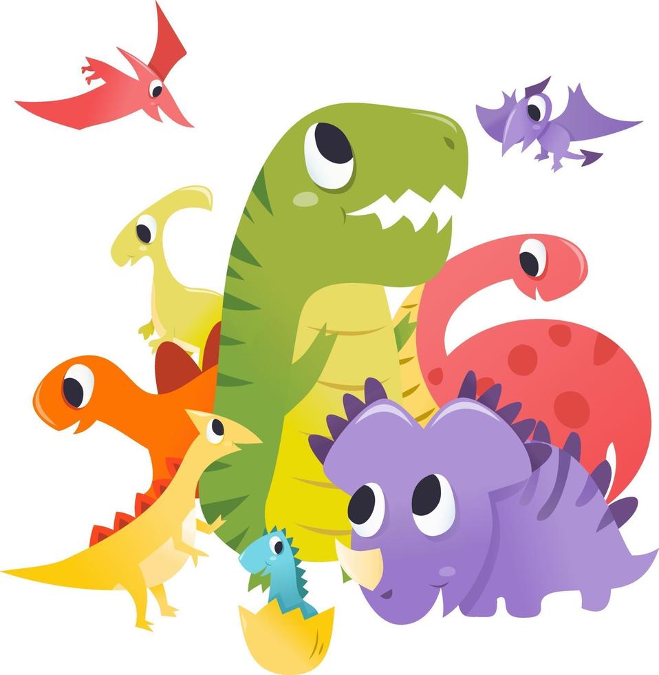 escena de grupo de dinosaurios de dibujos animados super lindos vector