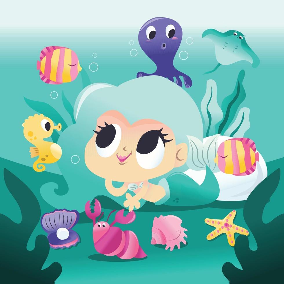 Super Cute Mermaid Lying Down Underwater With Sea Creatures vector