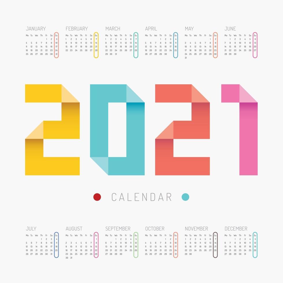 Diseño de vector colorido calendario 2021.