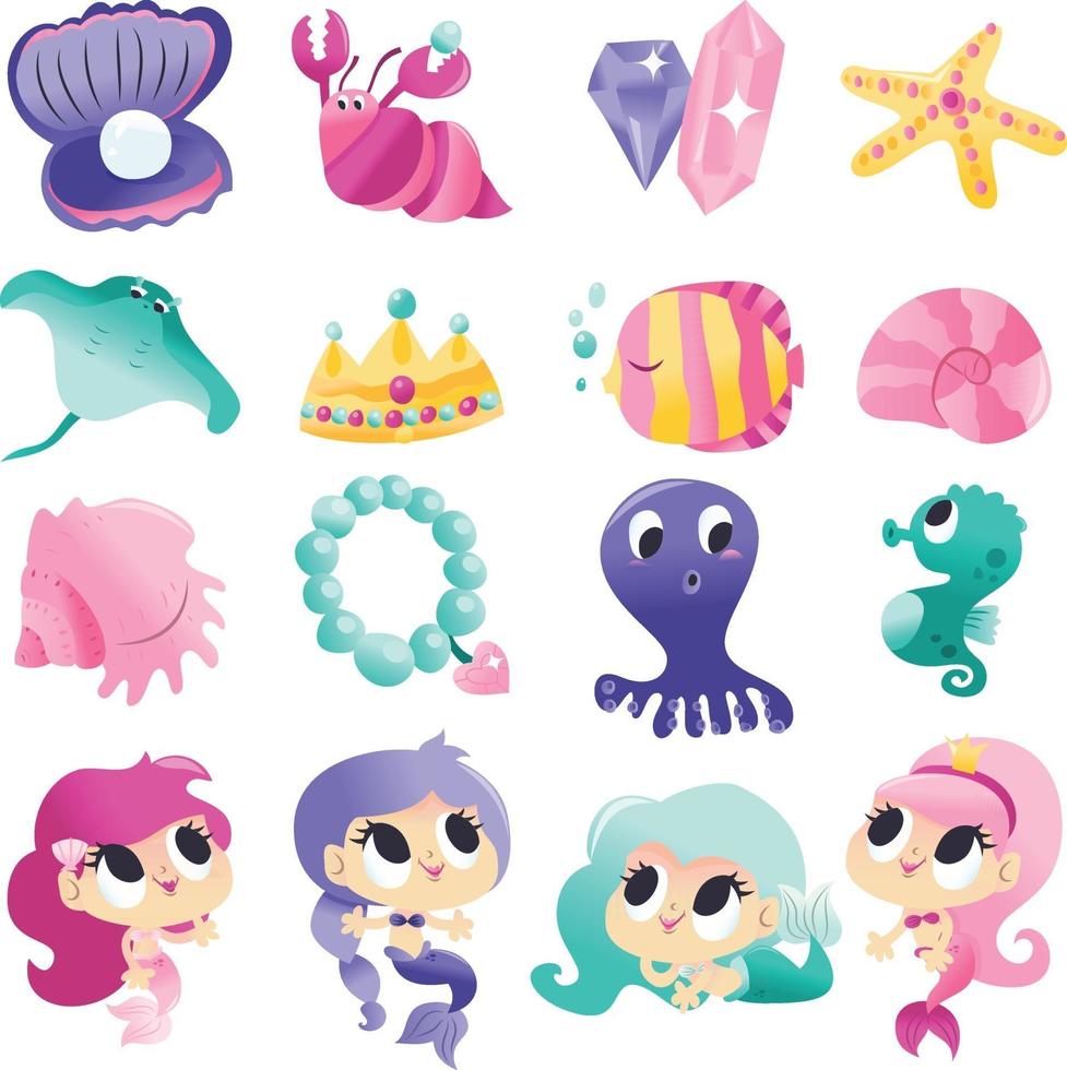 Super Cute Mermaids Sea Creatures Set vector