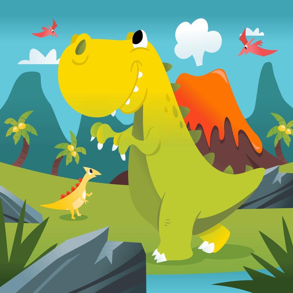 Super Cute Cartoon T-rex Prehistoric Scene vector