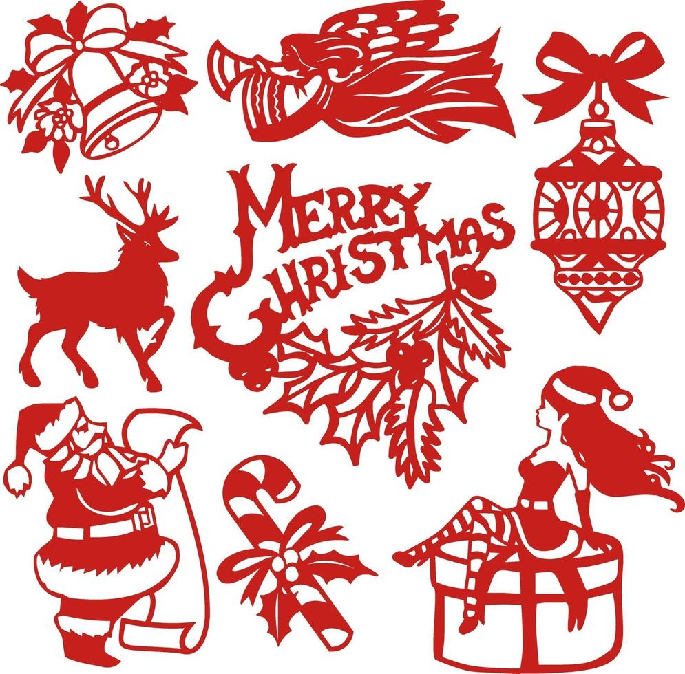 Vintage Festive Christmas Paper Cut Design Elements Set vector