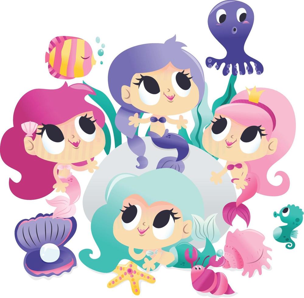 Super Cute Mermaids Sea Creatures Underwater Party vector