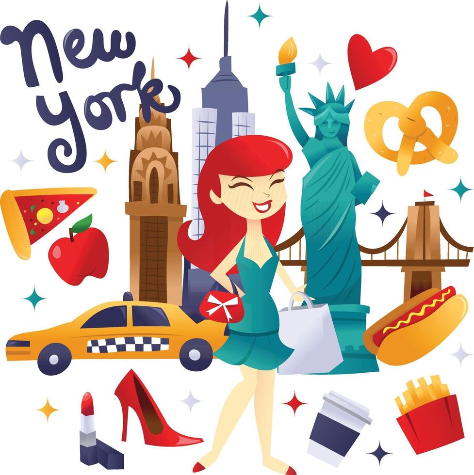 Super Cute New York Shopping And Food Culture vector