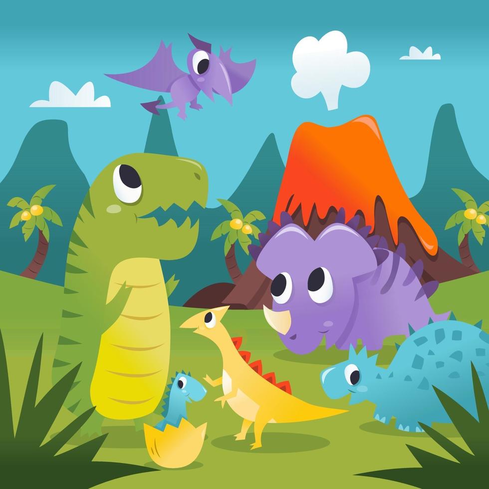 Super Cute Cartoon Dinosaurs Prehistoric Scene vector
