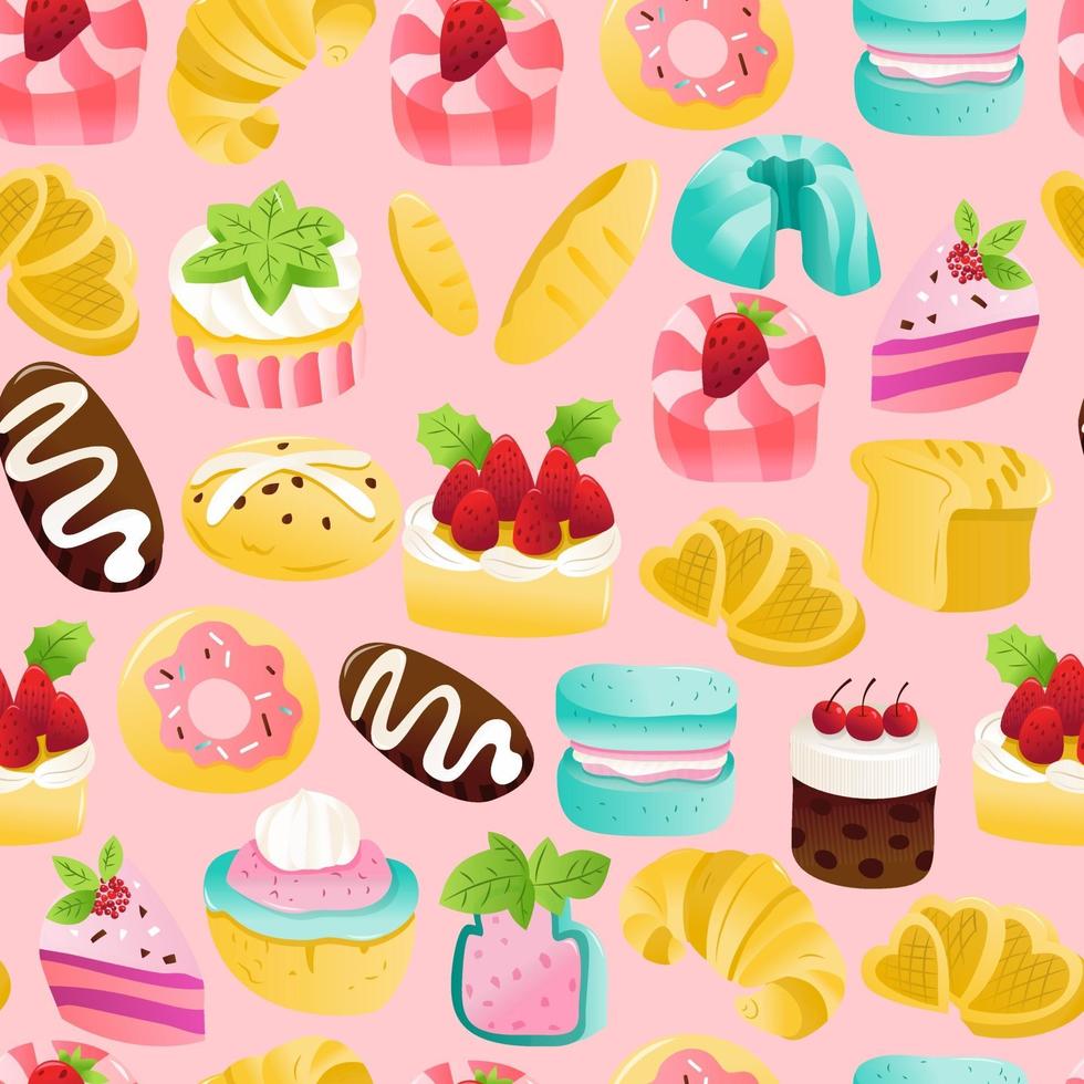 Super Cute Cakes Desserts Seamless Pattern Background vector