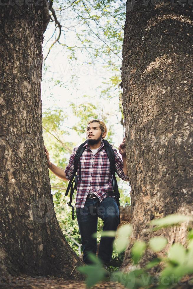 Man hiking in the forest photo