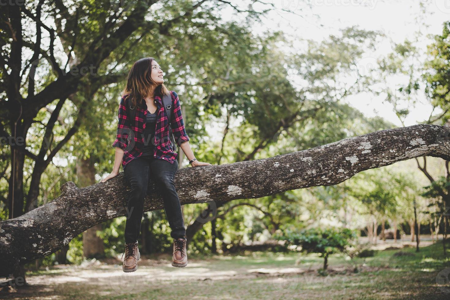 Young hiker woman sitting on tree branch photo