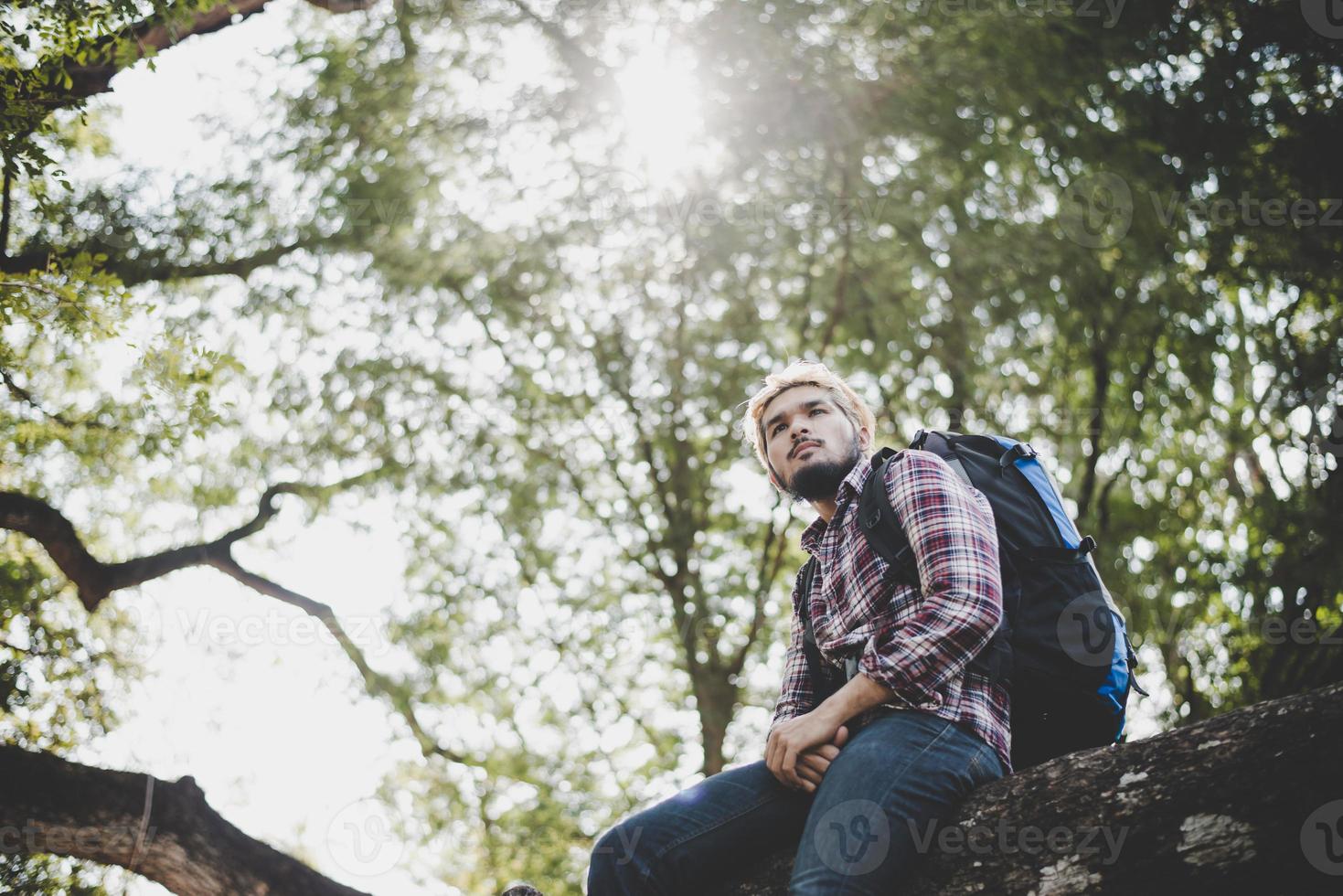Young hipster man sitting on a tree branch in the park photo