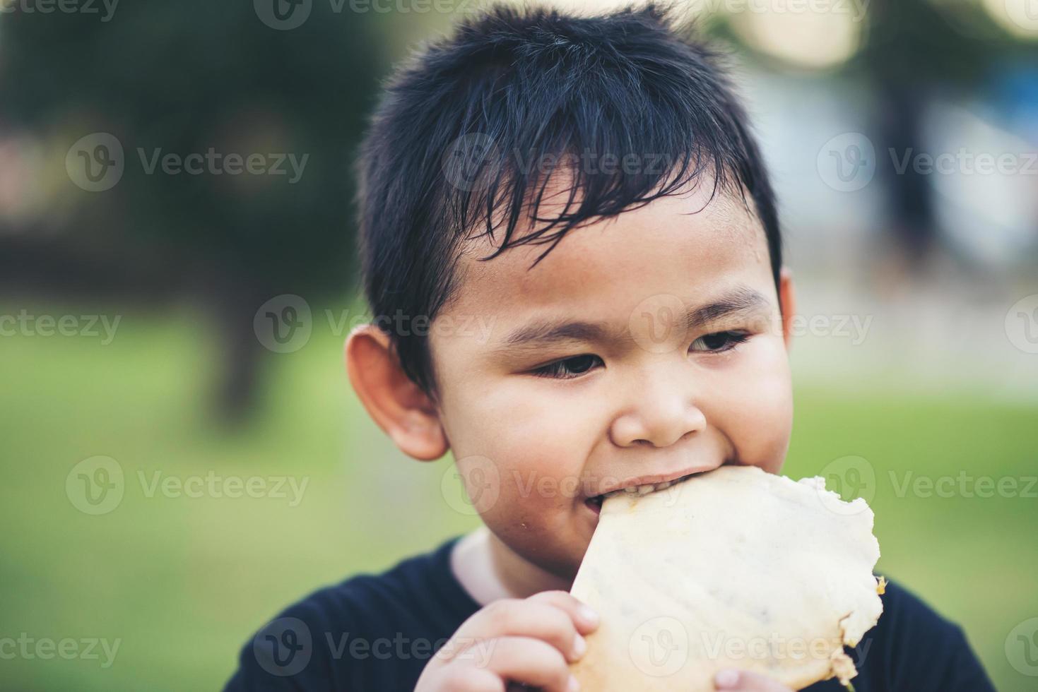 Little boy eating a fresh bread roll sandwich photo