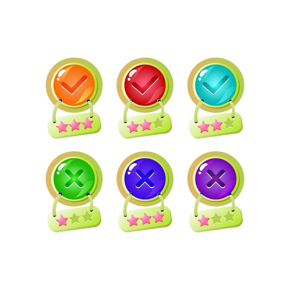 set of funny star jelly game ui button yes and no check marks for gui asset elements vector illustration