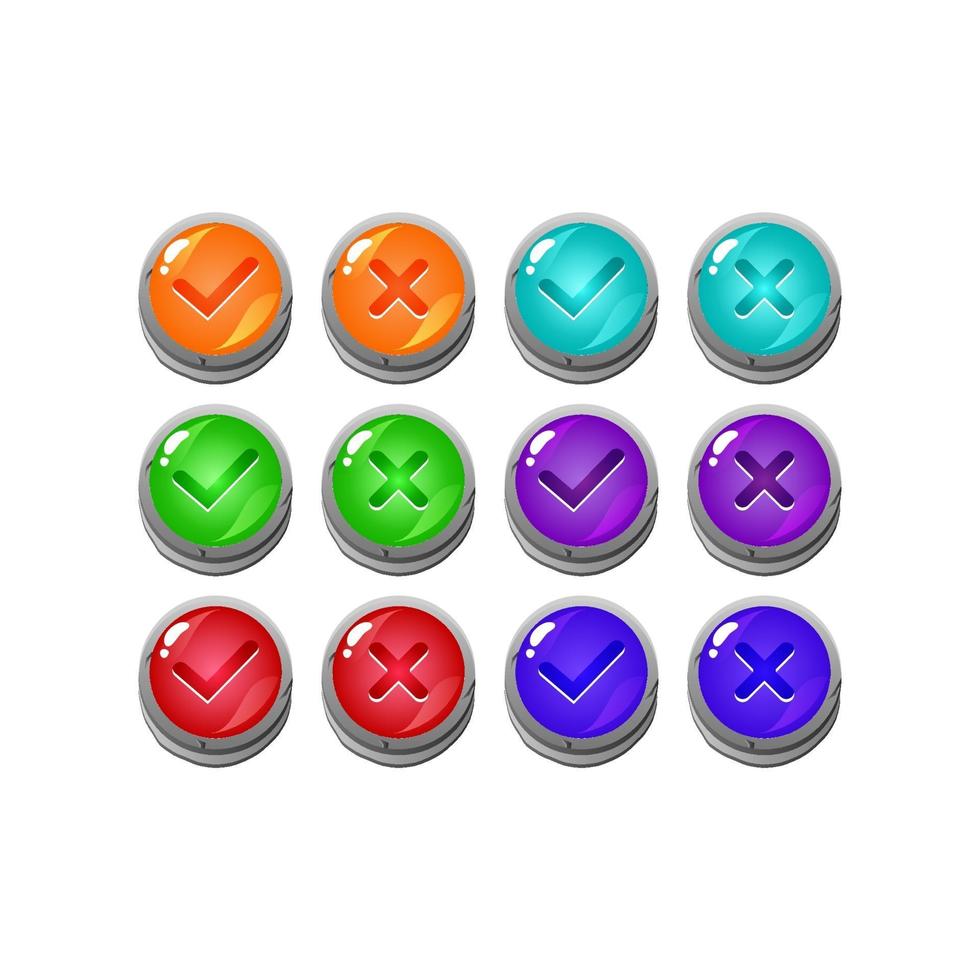 set of stone rock jelly game ui button yes and no check marks for gui asset elements vector illustration