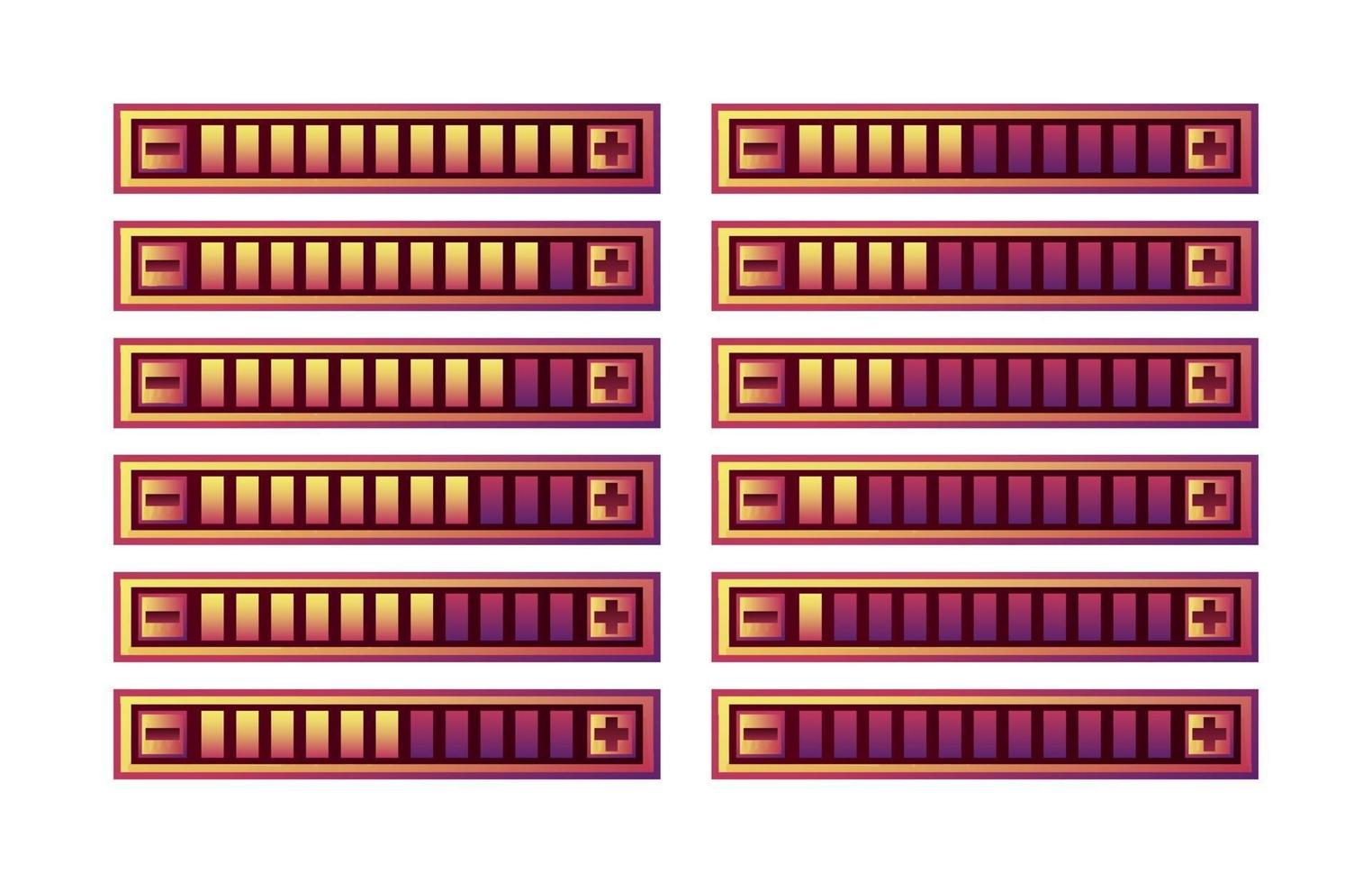 Conjunto de panel de barra de progreso de interfaz de usuario de juego púrpura divertido con botón de aumento y disminución para elementos de activos de interfaz gráfica de usuario vector