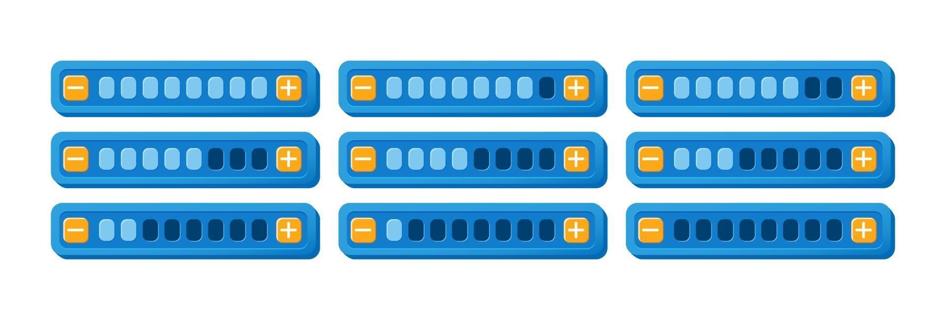 set of funny purple game ui progress bar panel with increase and decrease button for gui asset elements vector illustration