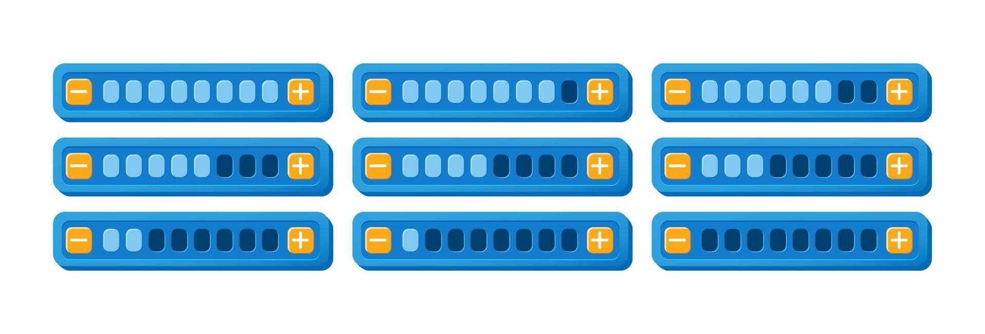 Conjunto de panel de barra de progreso de interfaz de usuario de juego púrpura divertido con botón de aumento y disminución para elementos de activos de interfaz gráfica de usuario vector