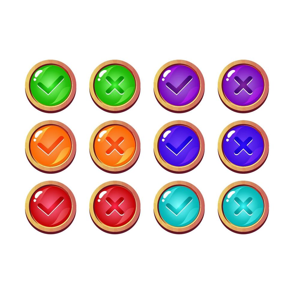 set of funny violet jelly game ui button yes and no check marks for gui asset elements vector illustration