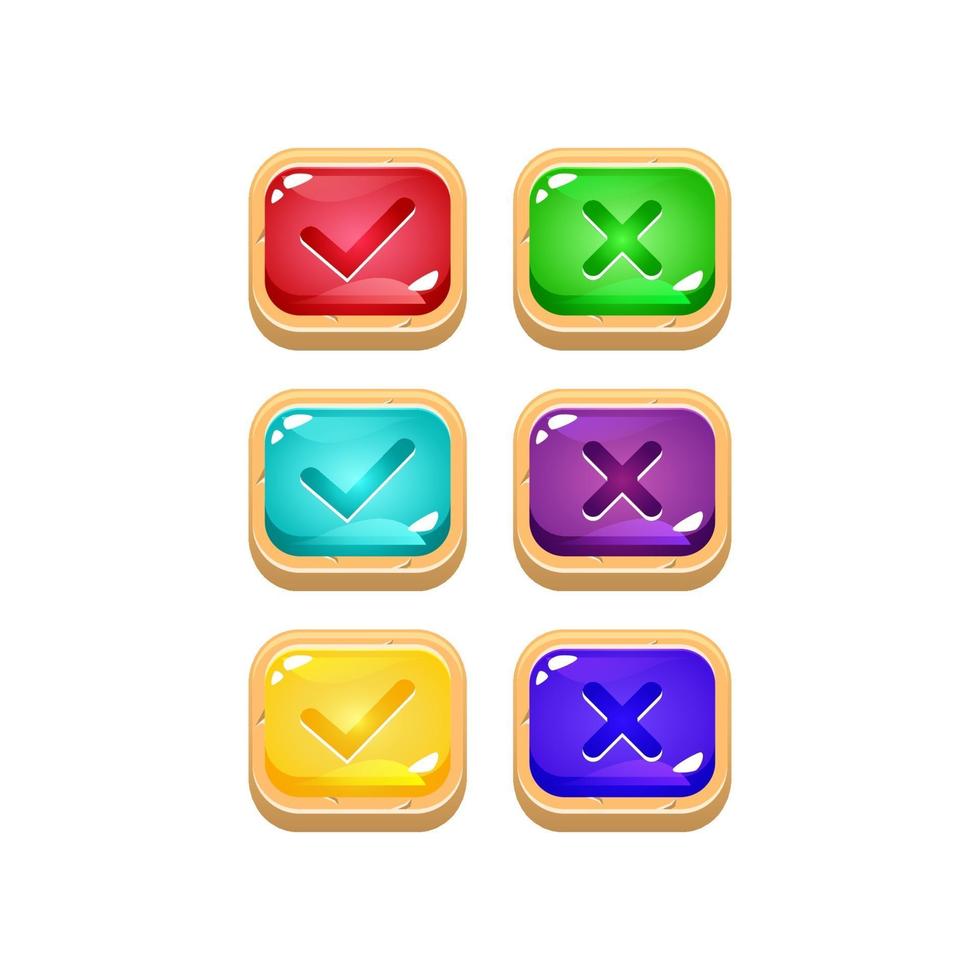 set of colorful jelly game ui with wooden border for gui asset elements vector illustration