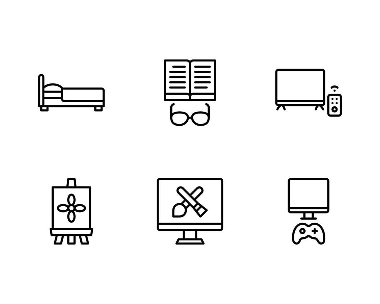 Hobby Icon Set With Bed, Read a Book, Watch Television, Painting, Digital Painting and Playing Game Icon vector