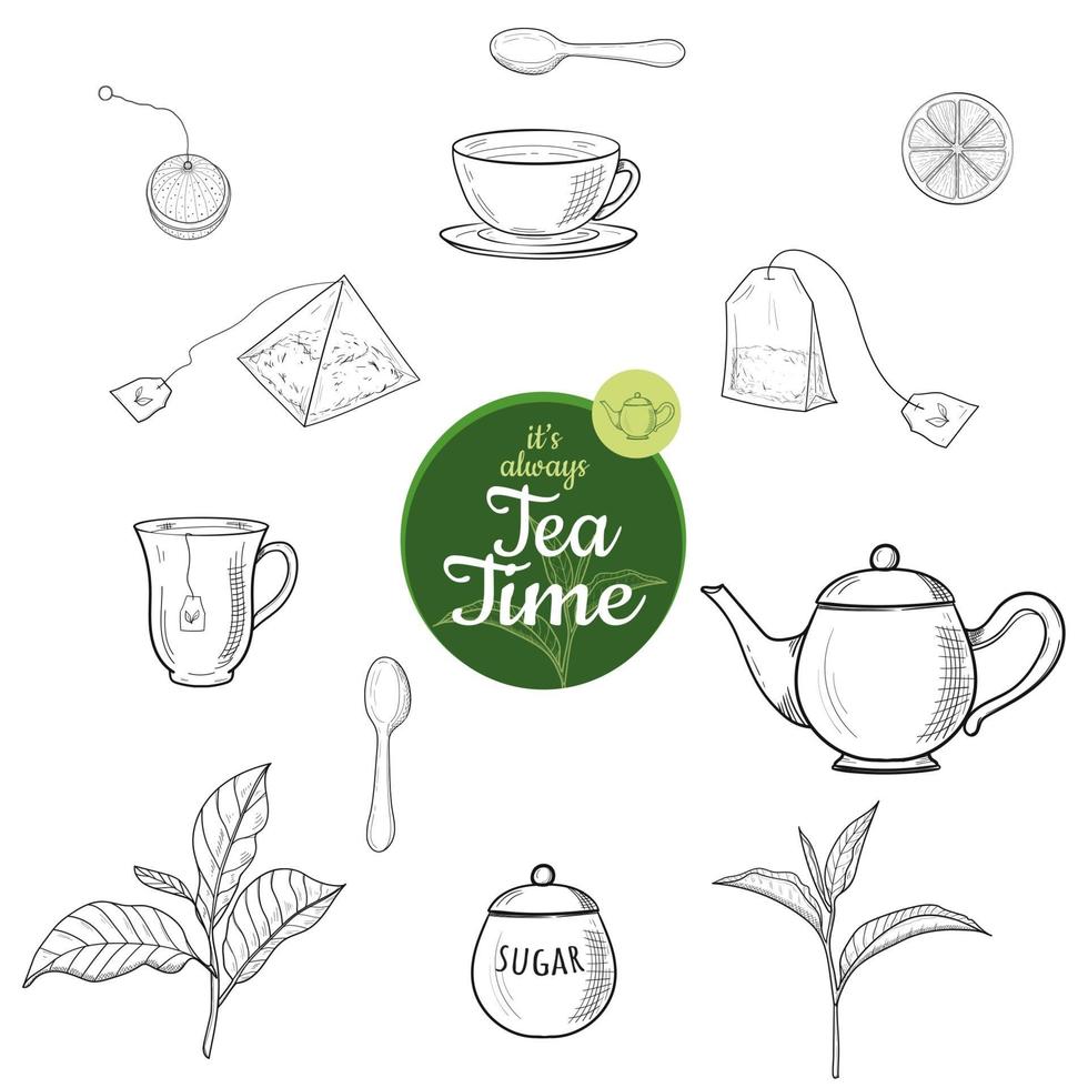 conjunto de estilo de boceto dibujado a mano de té. vector