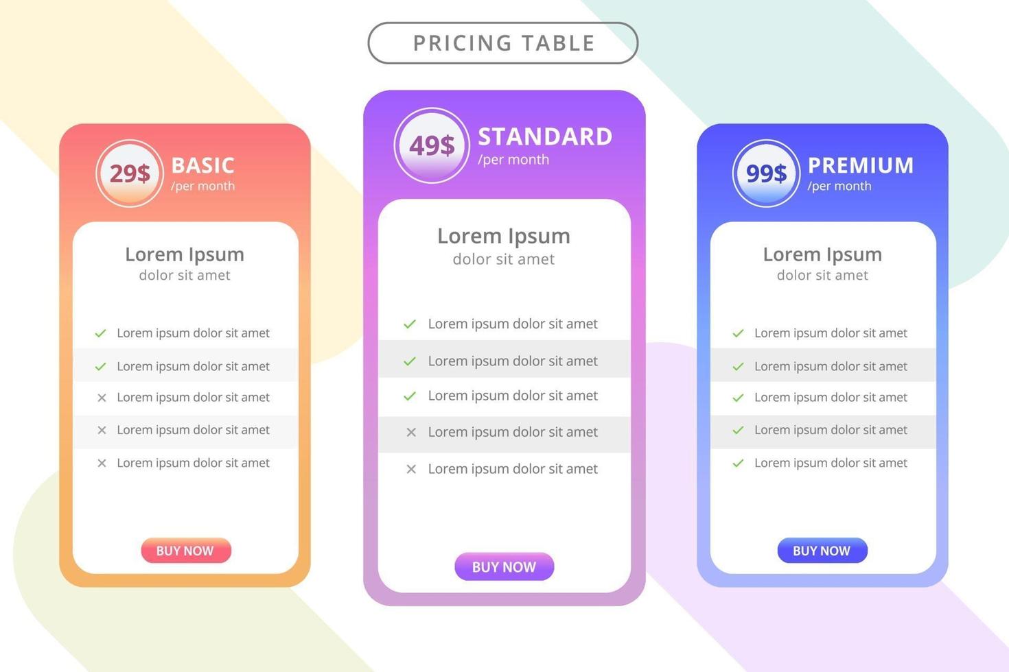 Pricing Table template for website vector