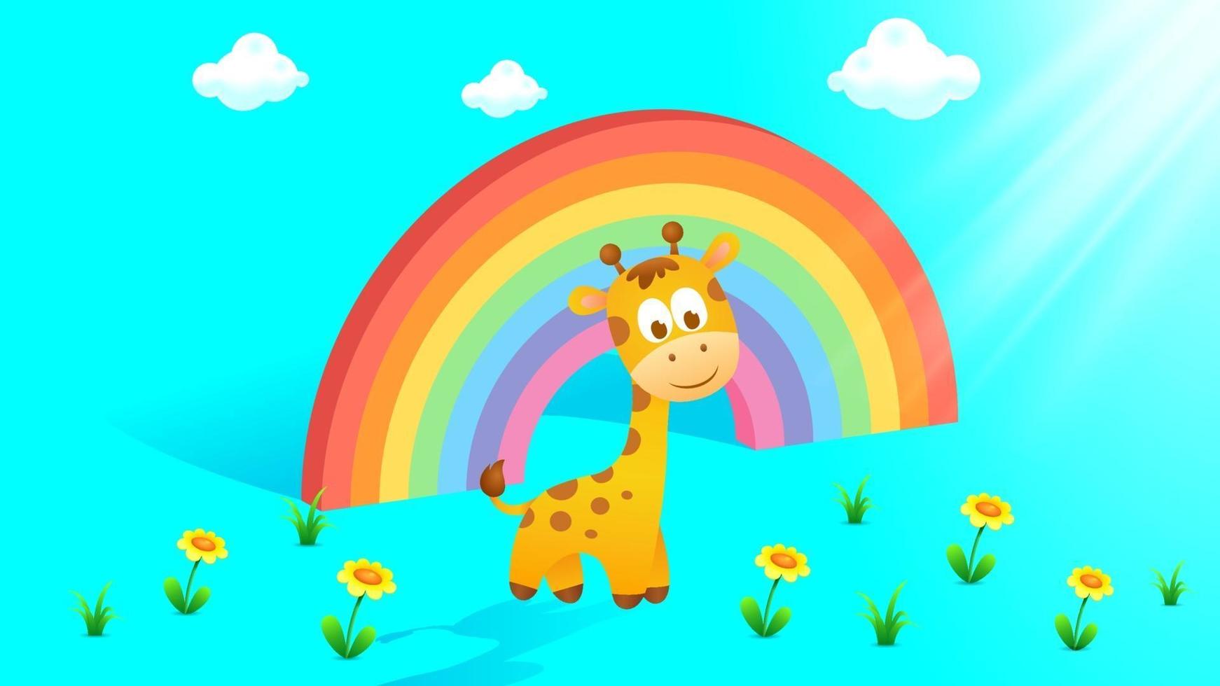 3d Rainbow with clouds, baby giraffe vector