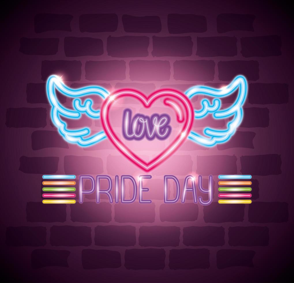 pride day neon light with heart and wings vector