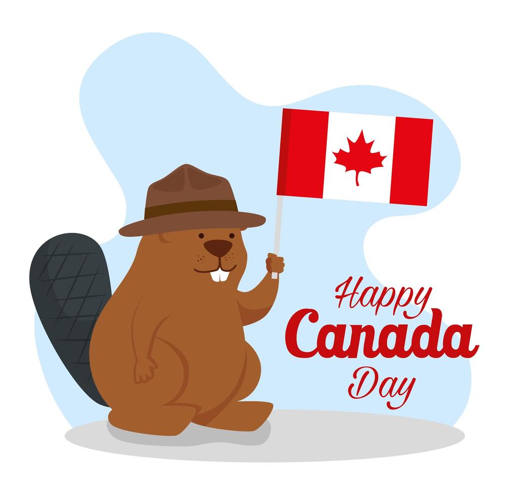 happy canada day with beaver and flag vector