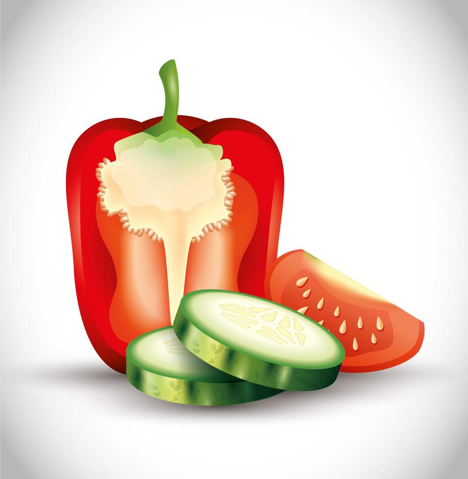 fresh red pepper with sliced cucumber and half tomato, organic vegetables vector