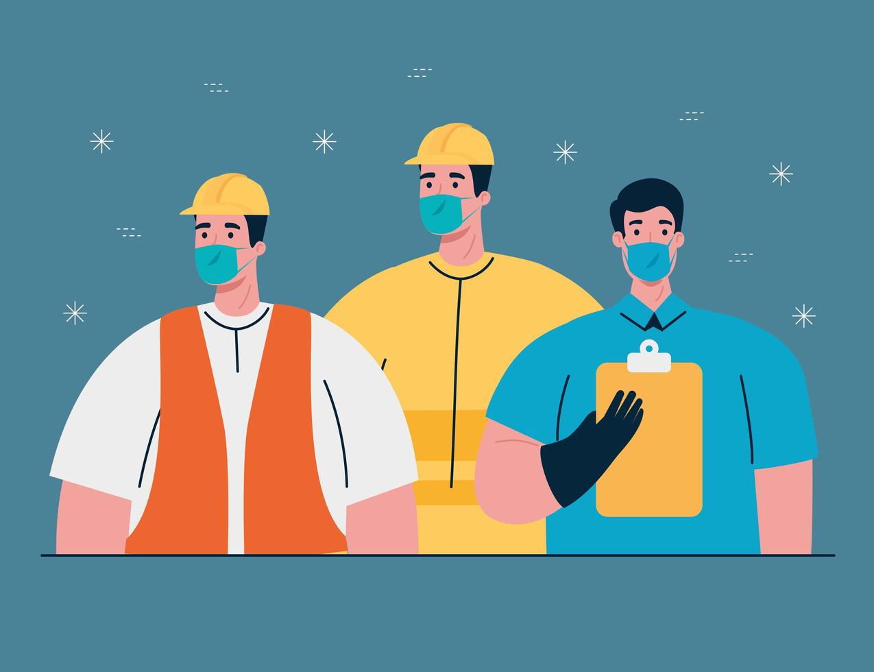Construction workers with face masks on coronavirus pandemic vector