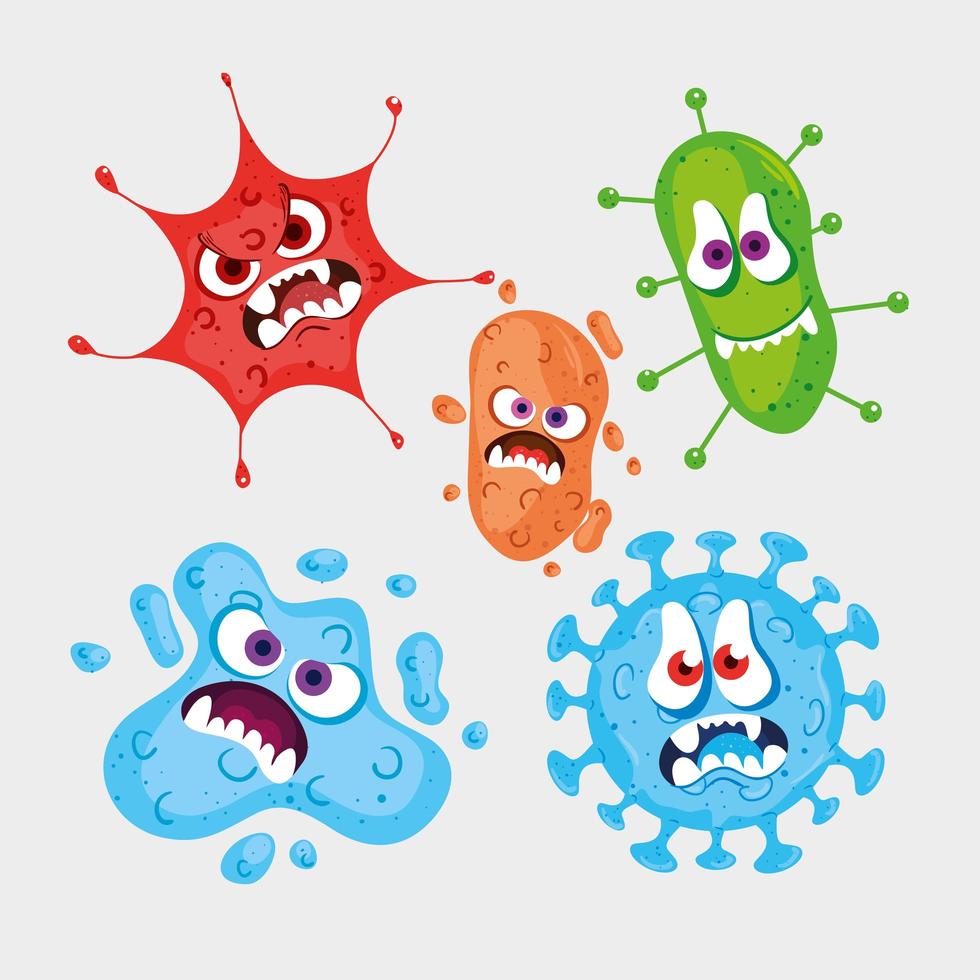 virus de dibujos animados con expresiones faciales vector