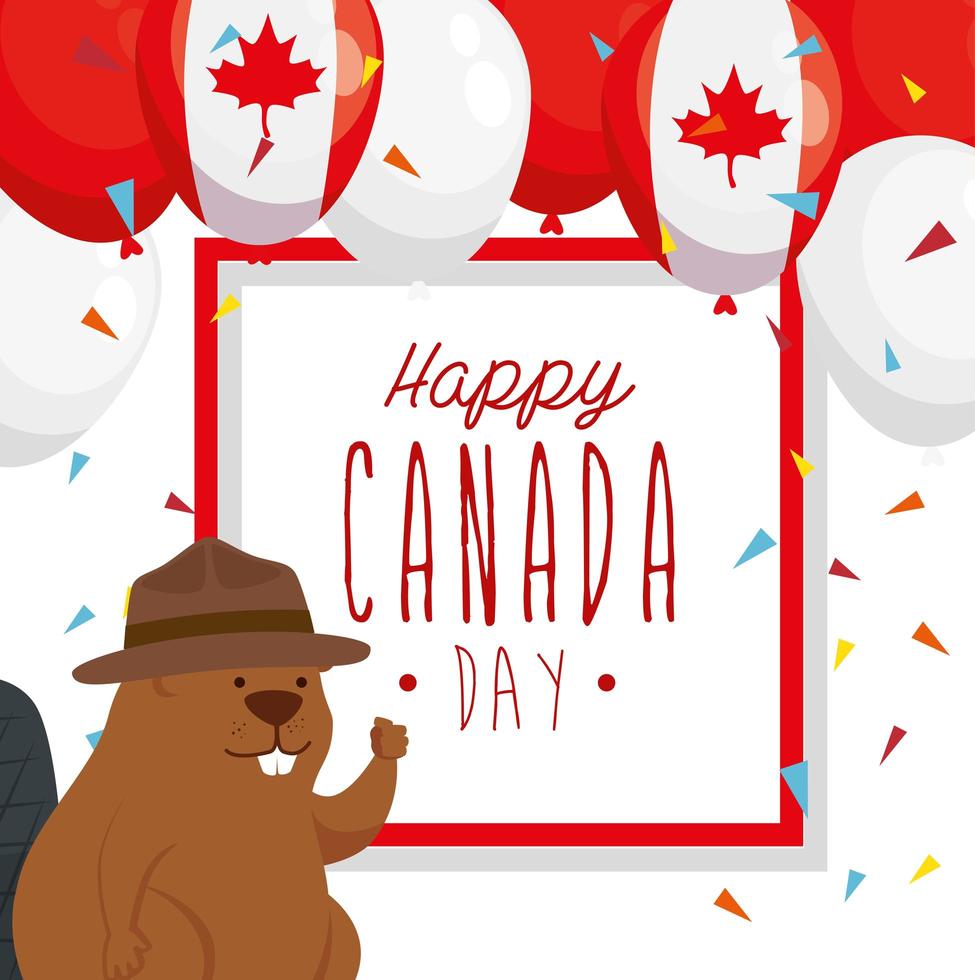 happy canada day with beaver and decoration vector