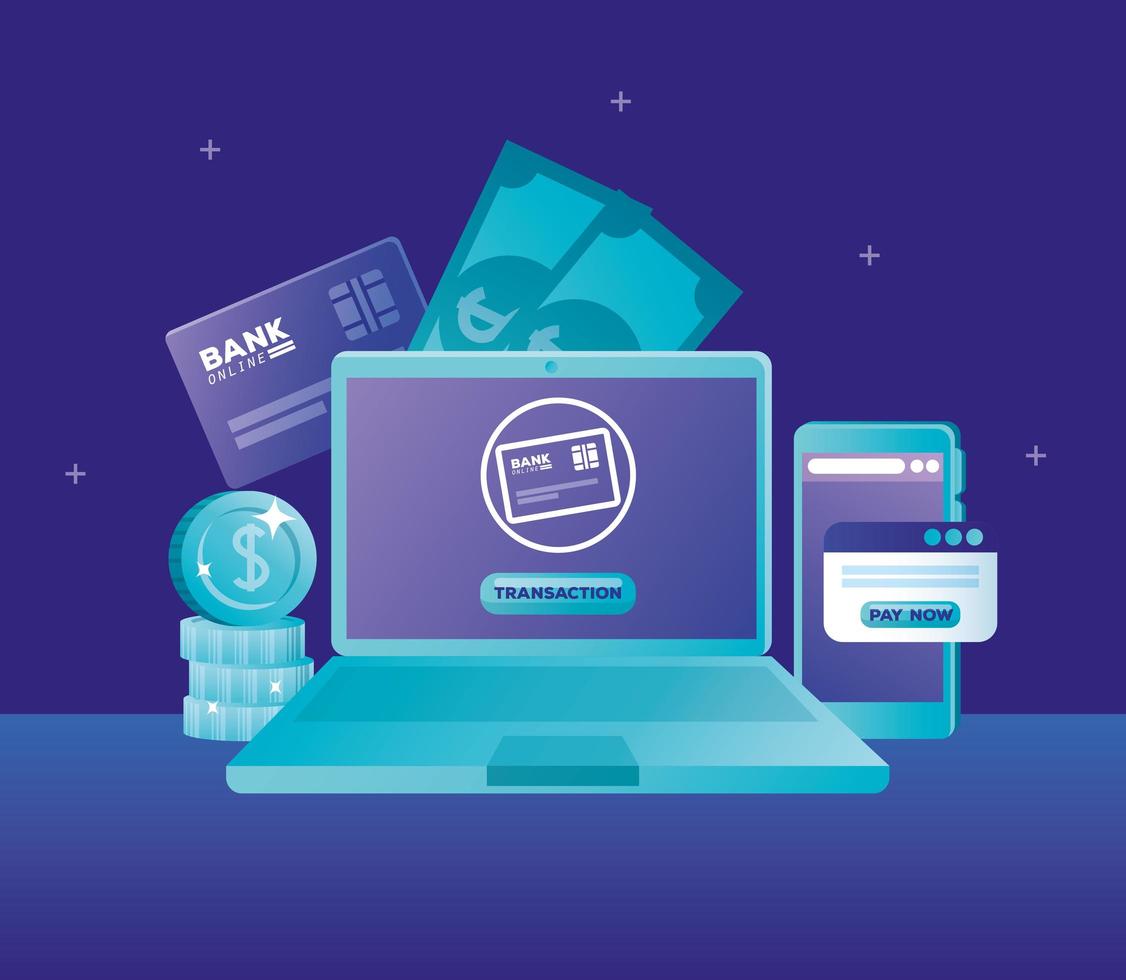 Online banking concept with laptop and smartphone and icons vector