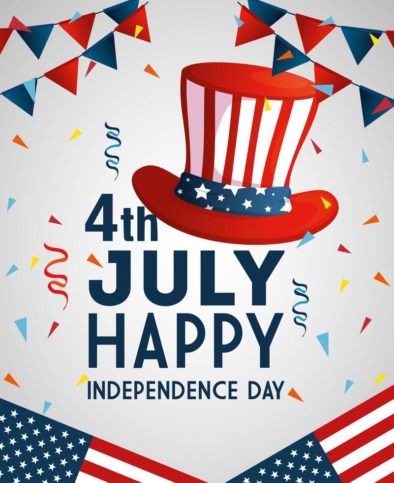 4 of july happy independence day with top hat and decoration vector